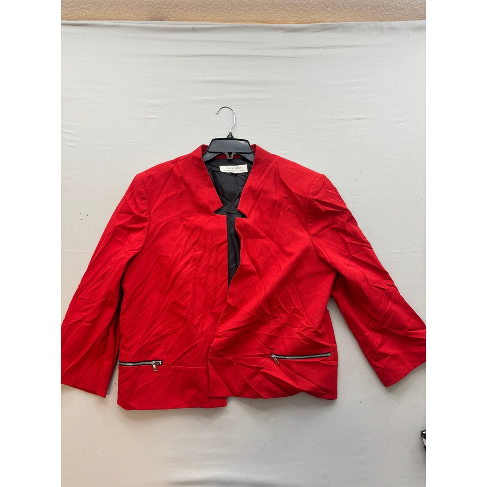 Tahari Arthur S. Levine Red Open Front Blazer Jacket Zip Detail Size 18